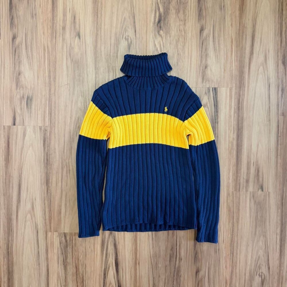 Vintage 1990’s Polo Ralph Lauren Blue and Yellow Striped Turtleneck SZ Medium
